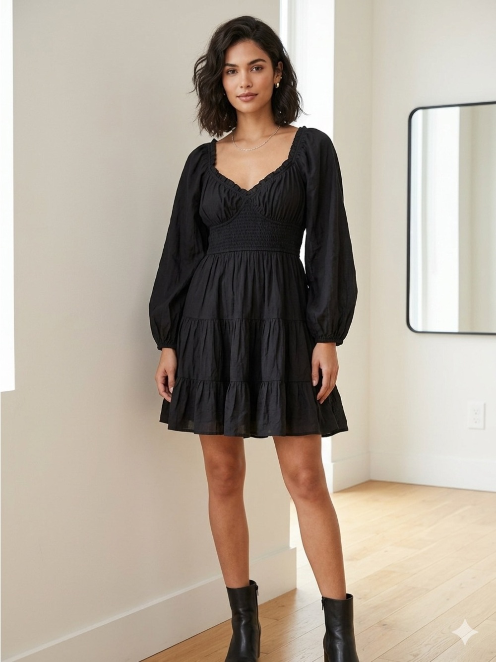 entro Black V-Neck Smocked Tiered Peasant Mini Dress L